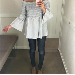 New! Loft Striped Smocked Off The Shoulder Top